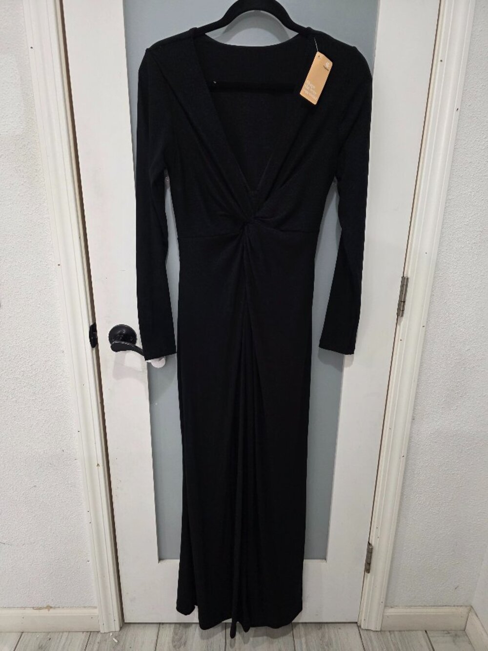 Popilush Black Built-In Shapewear Deep V Twist Front Maxi Dress Size L NWT